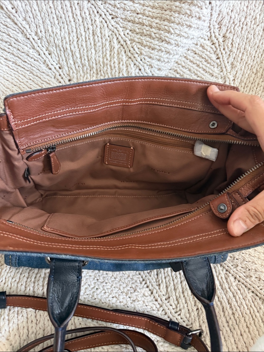 Denim and dark nevy Leather Top-Handle Satchel with Brown Trim - Picture 5 of 8